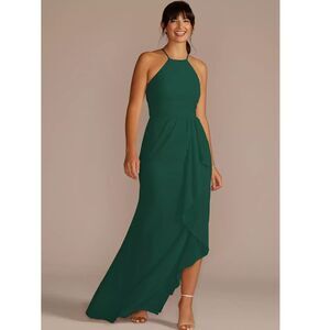 David's Bridal Juniper Green High-Neck Chiffon Dress with Cascade Women's Size 0